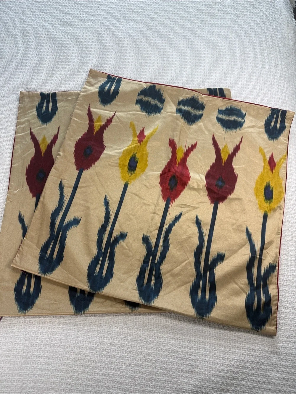 Pottery Barn 24” pillow covers set of 2 gold and red tulip pattern